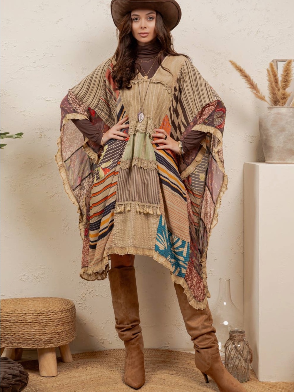 Young Threads Boho Patchwork Fringe Poncho in Earth Tones